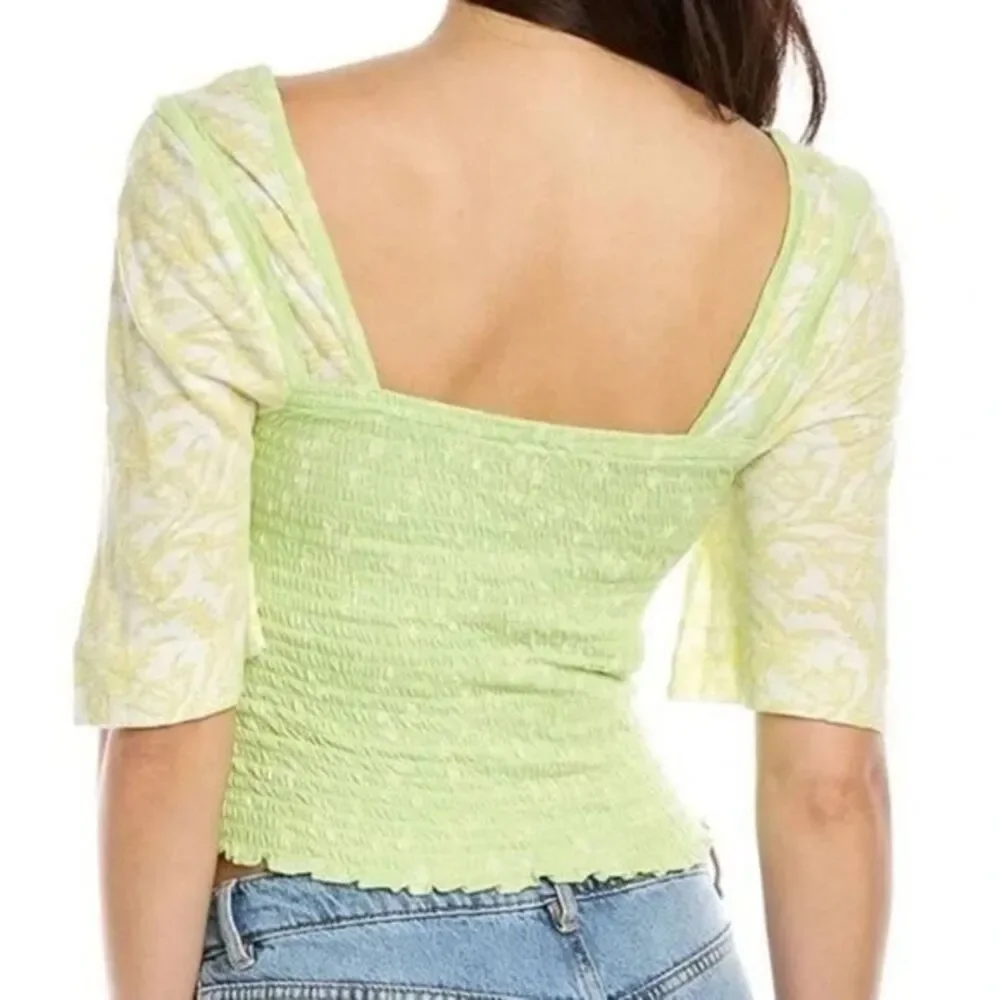 Free People Floral Smocked Square Neck Top Puff Sleeve Green Yellow size M
